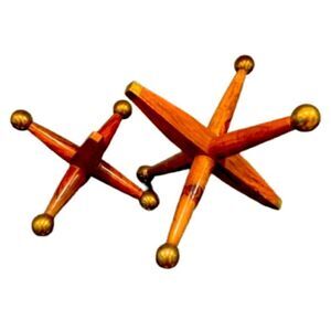 Two Wood & Brass Atomic MCM Style Jacks - Shelf Décor Bookends Home Accent